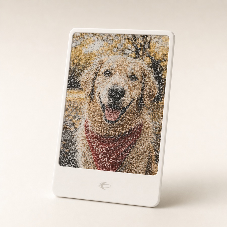 Still, a photocard of real ink, showing a golden retriever